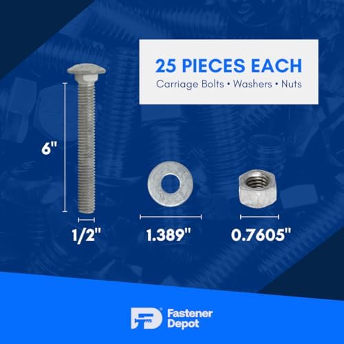 1/2"-13 x 6 (25 Sets) Hot Dipped Galvanized Carriage Bolt Kit for Exteri...