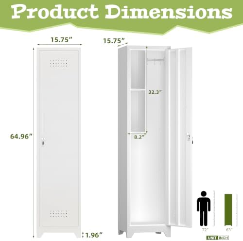 Slim Broom Storage Cabinets, Metal Cabinet with Shelves and Hanging Rod, 15.7...