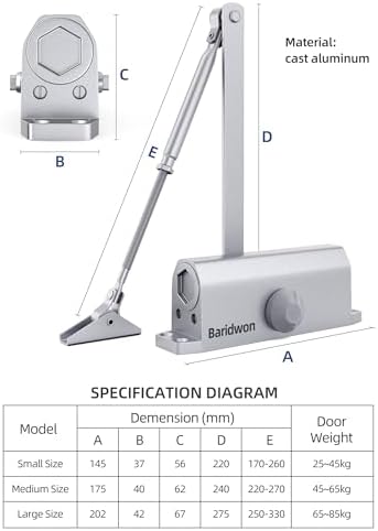 Commercial Grade Hydraulic Door Closer Large Size, Heavy Duty No Slam with Ho...