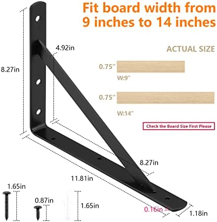 Heavy Duty Shelf Brackets, 12 x 8 Inch Black Metal L Brackets, 6 Pack