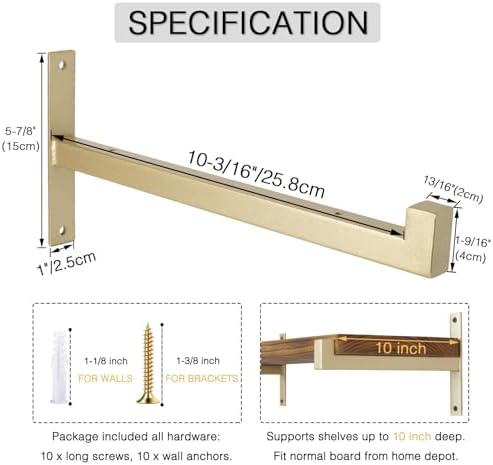 OVOV 4 Pack Heavy Duty Shelf Brackets 10 Inch Metal Shelf Supports Gold
