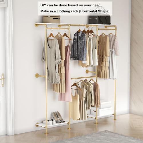 KaKaBB Industrial Pipe Clothing Rack with Shelves, Wall Mounted Gold Corner C...
