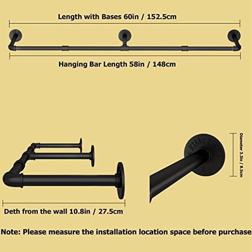Wall Mounted Clothes Rack, 60in Industrial Pipe Clothing Rack for Hanging Clo...