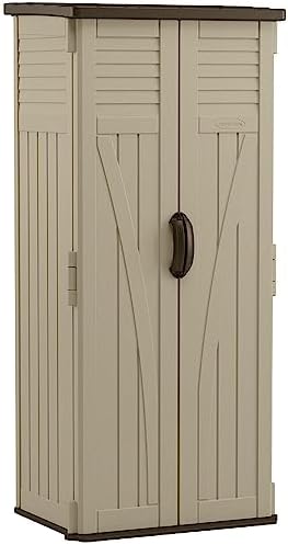 Suncast Vertical Shed, Compact Outdoor Storage System, 22 Cu. Ft. Capacity, Sand & Mustang - Lockable Multi-Wall Resin Organizer for Long-Handle Tools, Garden Supplies and Yard Equipment