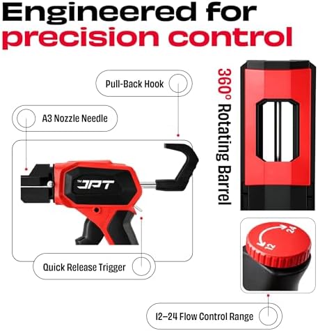 JPT Caulking Gun, 440 lbs High Thrust, 10 oz, 12:1-24:1 Adjustable Ratio,