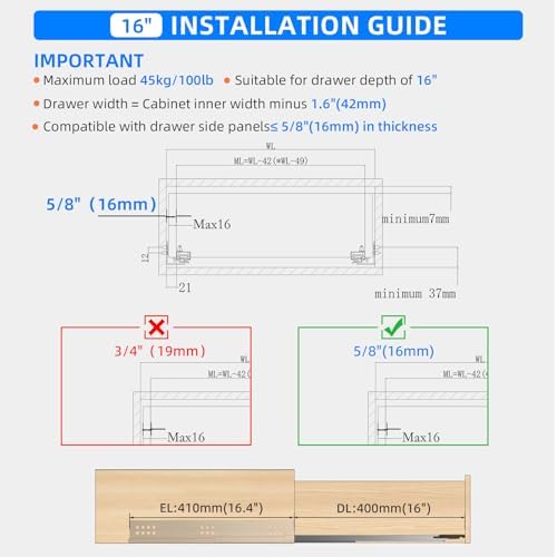 16 Inch Soft Close Undermount Drawer Slides for Frameless, 100lb,1 Pair