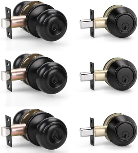 KNOBWELL 3 Pack Keyed Alike Entry Door Knobs and Single Cylinder Deadbolt Loc...
