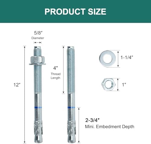 5/8" x 12" Concrete Anchors (10 Pack) 5/8 inch Wedge Anchors Bolts ...