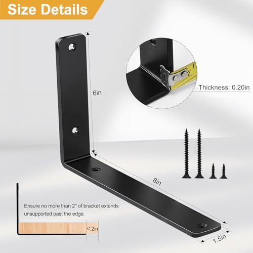12 Pack - L 8" x H 6" x W1.5, 5mm Thick Black L Shelf Bracket, Iron...