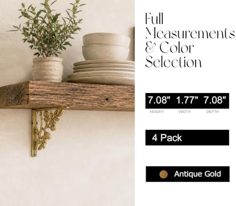 NACH Decorative Shelf Brackets, 4 Pack of 7 x 1.8 x 7 inch, Gold Cast Iron Ru...