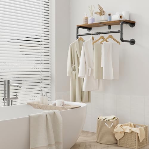 Yawinhe Industrial Pipe Clothing Rack with Shelves,Closet Rod,Rustic Brown
