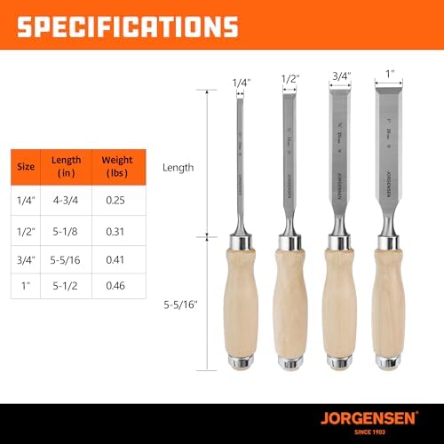 Jorgensen 4-Piece Wood Chisel Set, 1/4", 1/2", 3/4", 1"