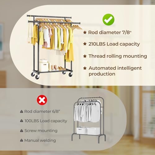 HYSEYY Double Rods Clothes Rack, Rolling Clothing Rack for Hanging Clothes Po...