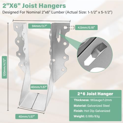 2x6 Joist Hangers 25PCS 18Gauge Rafter Bracket Double Shear Hanger