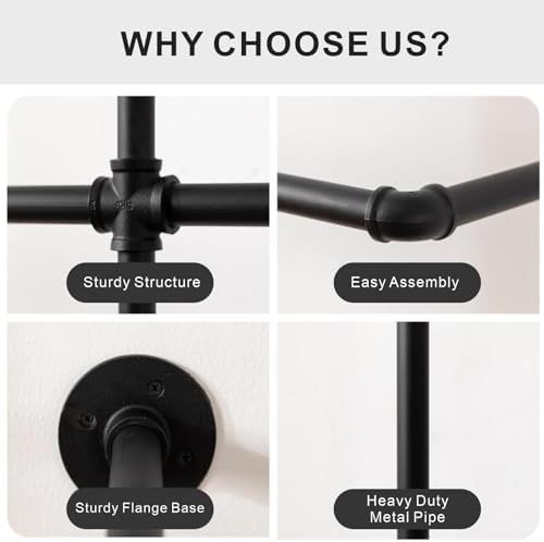 Industrial Pipe Black Clothing Racks Wall Mounted, Rustic Industrial Pipe Clo...