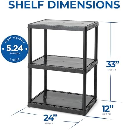 Gracious Living 33 Inch Heavy Duty 3-Shelf Light Duty Storage Shelf, Easy Ass...