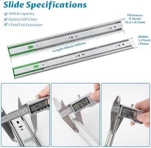 Onemake 18 Inch Soft Close Side Mount Drawer Slides Full Extension, 5 Pair
