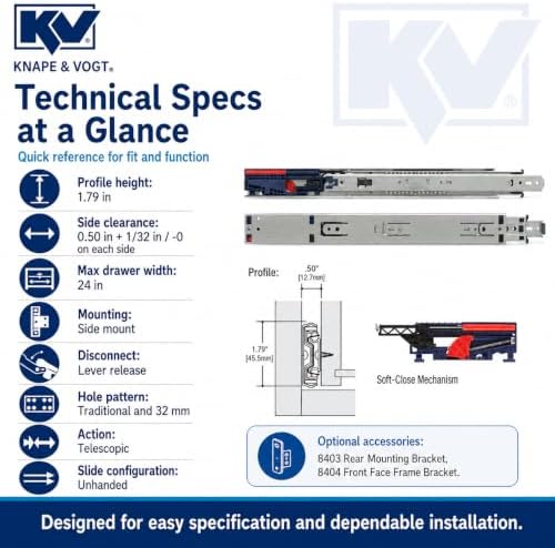 Knape & Vogt Side Mount Soft-Close Drawer Slide, Pair, Inch