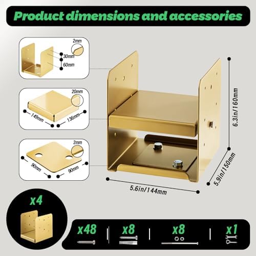 6"x6" Adjustable Post Base, 2Pcs，Golden,Stainless Steel Post Anchor...