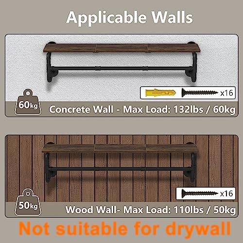 Industrial Pipe Clothes Rack with Top Shelf and 3 Hooks, 41''L Wall M...