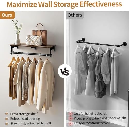 Luxspire 28.7" Wall Mount Clothes Rack with Wood Top Shelf Hanging Clothes