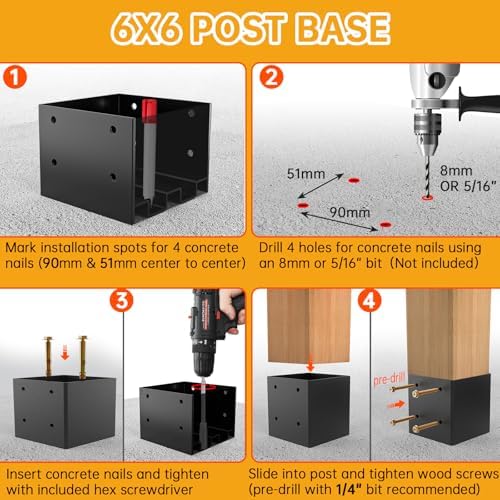 Thickened 6x6 Post Base for Concrete with Hidden Anchor （2PCS）