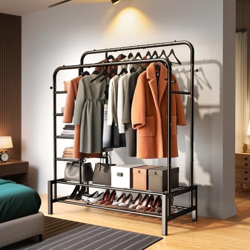 Clothes Rack with Shelves, Double Rods Clothing Rack for Bedroom, Black