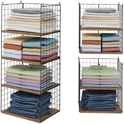 2 Pack Closet Organizers and Storage, Stackable Closet Shelf Organizer Heavy Duty Metal Wire Storage Bins with Adjustable Wood Shelf, Large Capacity Closet Storages for Bedroom Wardrobe Organization