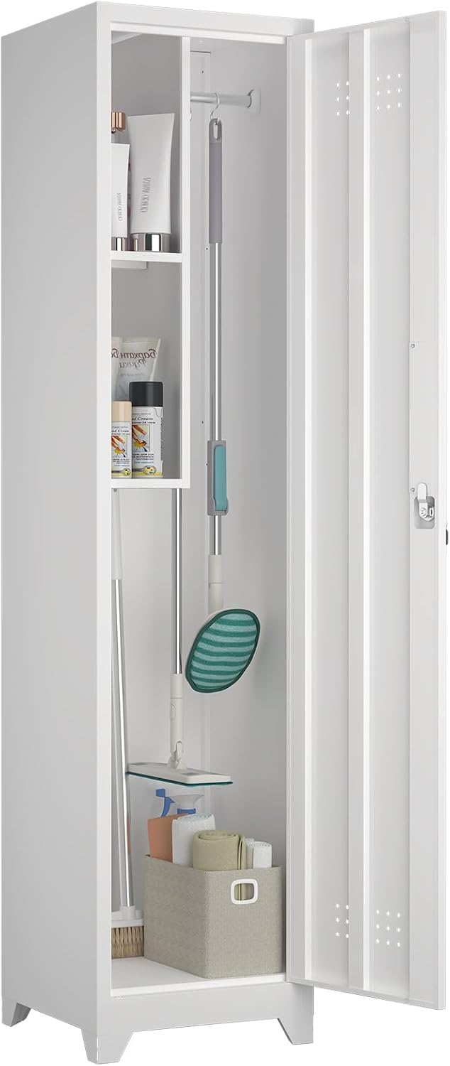 Slim Broom Storage Cabinets, Metal Cabinet with Shelves and Hanging Rod, 15.7...