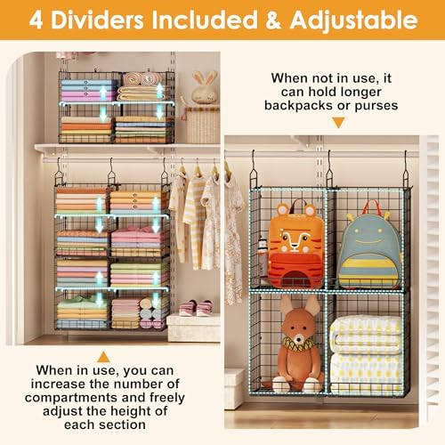 Hanging Closet Organizer with DIY Spacing, Double-Row Closet Hanging Shelves ...