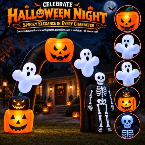 8FT Halloween Inflatable Archway with Pumpkin & Ghost, Built-in LED