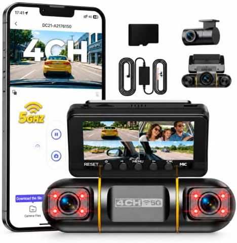 LAMTTO 4 Channel Dash Cam Front and Rear Inside,5GHz WiFi,128GB Card