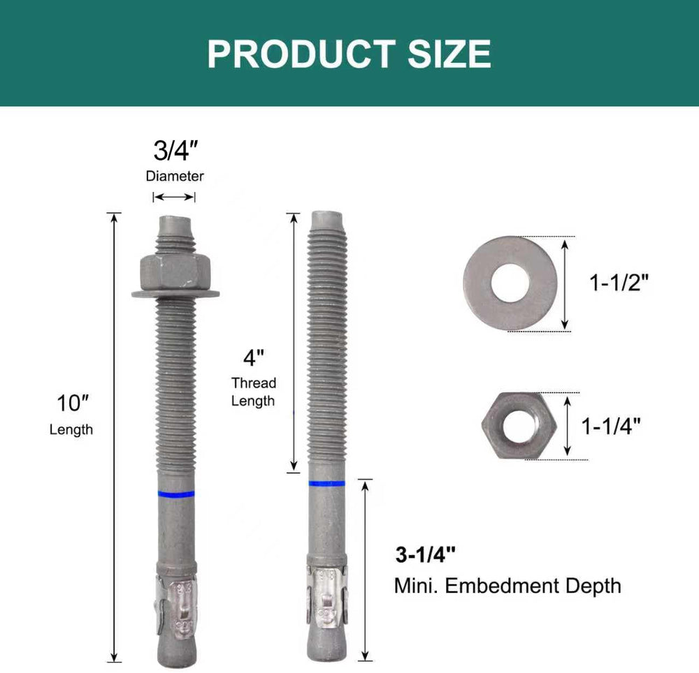 3/4" x 10" Concrete Anchors (10 Pack) Wedge Anchors Bolts, Hot Dip ...