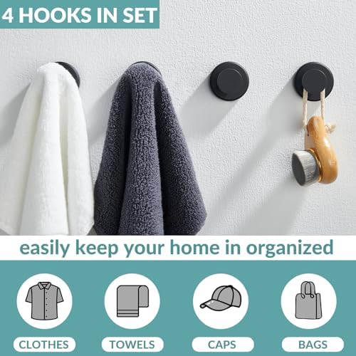 APLusee Matte Black Towel Hooks for Bathroom Storage, 4 Pack, Wall Mounted