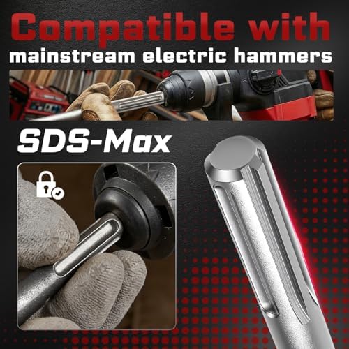 GEINXURN SDS MAX Chisels, 4PCS 12-Inch Long Masonry Chisel Bit Set, 40Cr Stee...