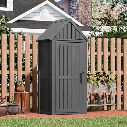 Fancyango Outdoor Resin Storage Cabinet Sturdy All-Weather Shed with Removable Shelves Lock Ring & Reinforced Floor – for Garden Patio Lawn (Black1)