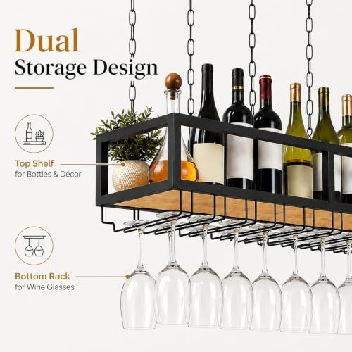 Ceiling Wine Glass Rack with Glass Holder, 55.1in Metal Hanging Bar Shelf