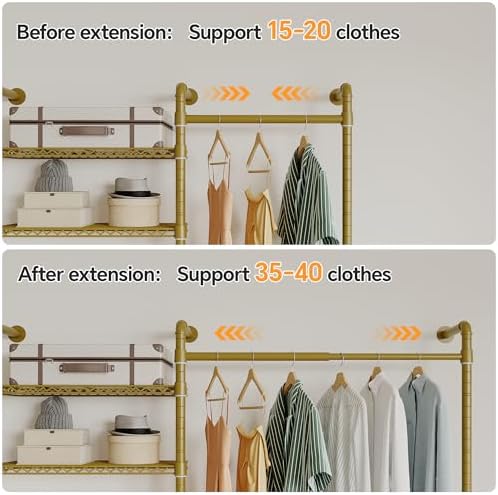 Higeego W5 Industrial Pipe Clothes Rack, Heavy Duty Clothing Rack, Gold
