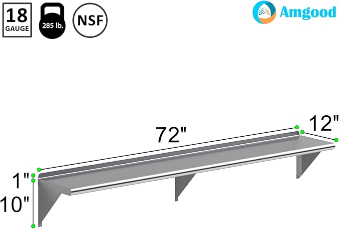 AmGood 72" Long X 12" Deep Stainless Steel Wall Shelf | NSF Certifi...