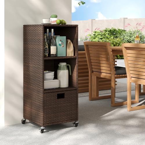 Tangkula Rattan Outdoor Storage Cabinet with 4 Wheels, Mix Brown