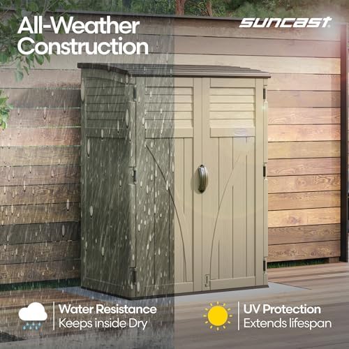 Suncast Outdoor Storage Shed, Water Resistant Resin Vertical Outdoor Storage ...