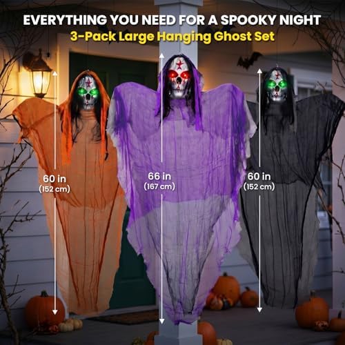 3 Packs Halloween Decorations Outdoor - BCLGSHINE Lighted Giant Hanging Skele...