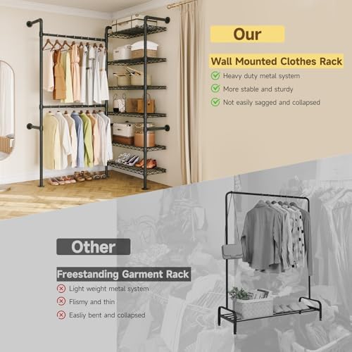 ONBRILL L2 Wall Mounted Closet System, Industrial Pipe Clothing Rack, Black