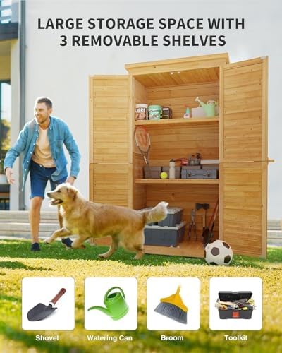 Gizoon Outdoor Storage Cabinet with 3 Shelves, Double Lockable Wooden Shed