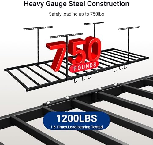 FLEXIMOUNTS 4x8 Overhead Garage Ceiling Storage Rack with 6 Hooks, Black