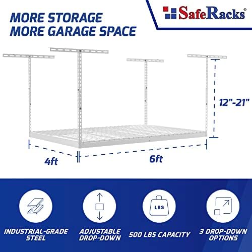 SafeRacks 4x6 Overhead Garage Storage Rack, White, 18"-33" Height