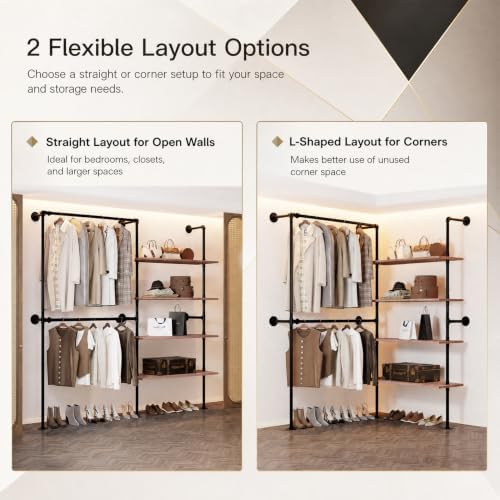 Wall Mounted Clothing Rack, Heavy Duty Pipe Closet, Pine Shelves, 76 In