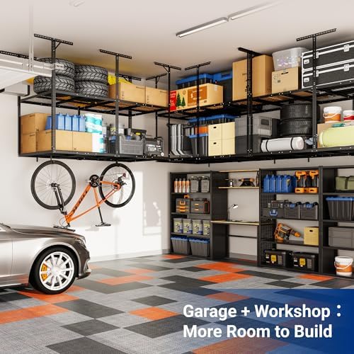 FLEXIMOUNTS 4x8 2-Tier Overhead Ceiling Garage Storage Rack, Black