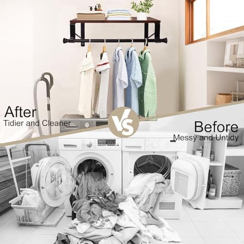 Wall Mounted Shelf with Hanging Rod, Laundry Room Shelves, Space Saving Organ...