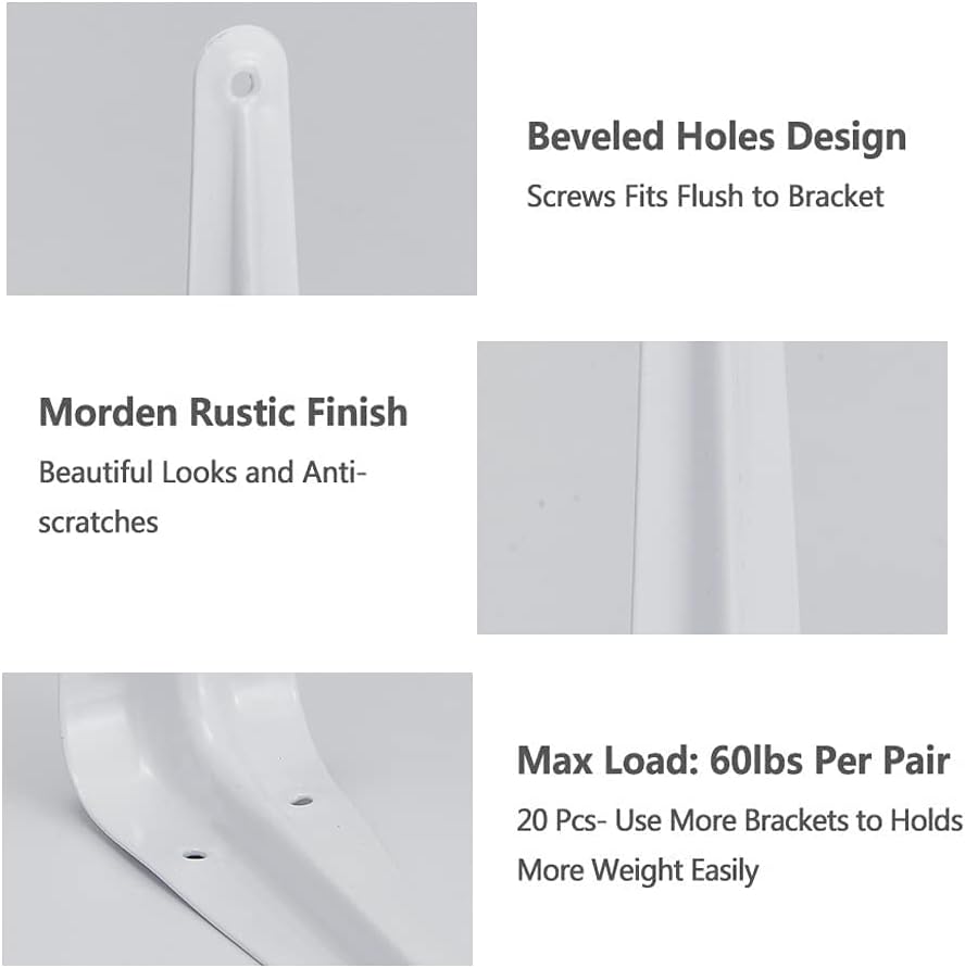20 Pack Shelf Brackets 10 Inches White, Heavy Duty Steel Metal L Brackets for...